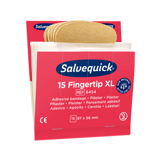 Eine Schachtel Holthaus Medical Salvequick® Nachfülleinsatz Fingertip XL Stoffpflaster. Die Verpackung ist leuchtend rot mit dem Produktnamen in Weiß und Blau. Es hebt hervor, dass die Pflaster