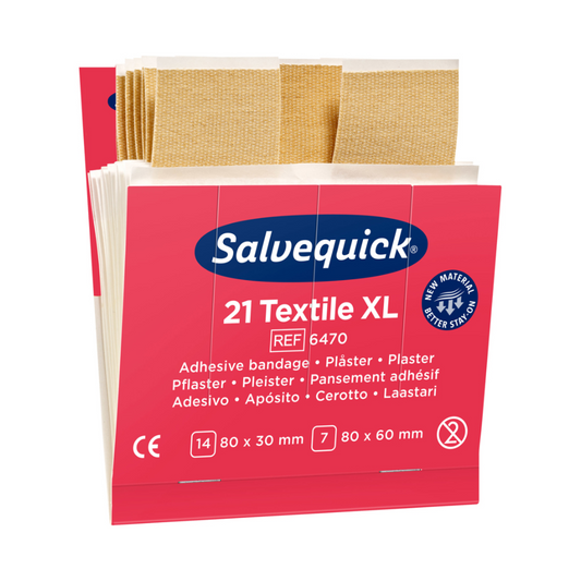 Eine Schachtel mit Holthaus Medical Salvequick® Nachfülleinsatz Textile XL Pflastern, die Streifen verschiedener Größen in zwei linierten Reihen auf einer leuchtend rot-blauen Verpackung zeigen. Das Produkt ist