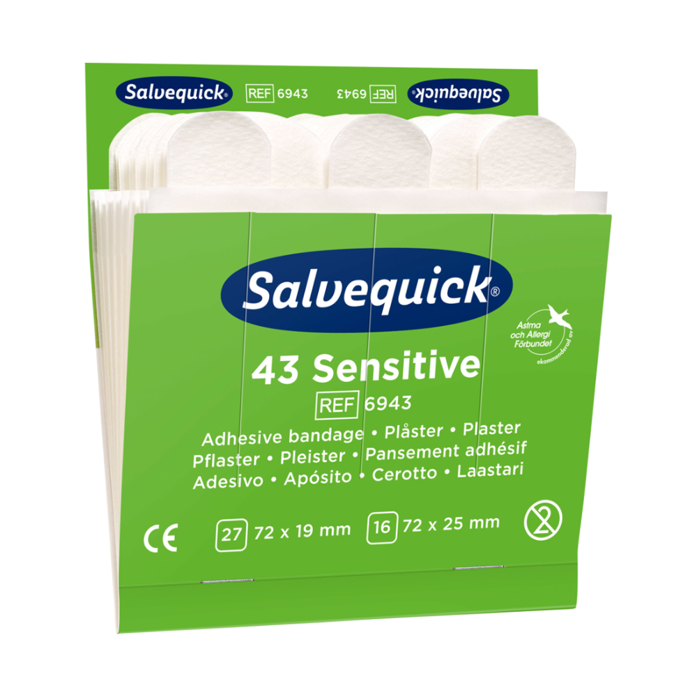 A green package with Holthaus Medical Salvequick® refill pack of Vlie adhesive bandages. The box contains 43 bandages in sizes 27 x 19 mm and 72 x 25 mm. This product with reference number 6943 is particularly gentle on sensitive skin from Holthaus Medical GmbH & Co. KG. Ideal as a refill pack for your Salvequick bandage dispenser. Brands and logos are clearly visible.