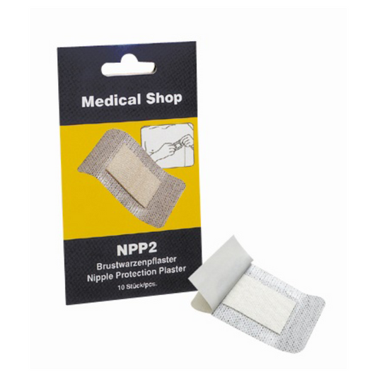 Verpackung des Holthaus NPP2® Brustwarzenpflasters mit einem Klebepad, außen auf der Verpackung, vor weißem Hintergrund.