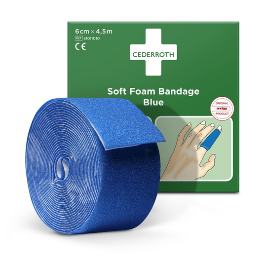 Eine Rolle des blauen Holthaus Pflasterspenders vor der Verpackung, auf der ein Anleitungsbild eines Fingers zu sehen ist, der verbunden wird. Das Produkt trägt die Bezeichnung „Holthaus Medical Soft Foam Bandage“.