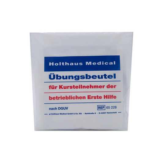 Ein weißes Paket mit blau-schwarzem Text mit der Aufschrift „Holthaus Medical Übungsbeutel für Kursteilnehmer der betrieblichen Ersten Hilfe“ mit Verweis auf die Erste.