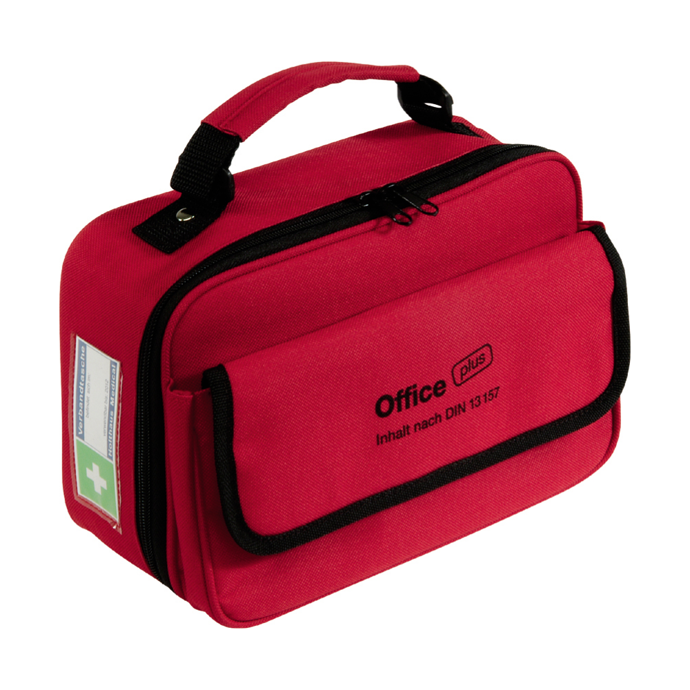 A red Holthaus first aid kit Office plus, DIN 13157 with black handle and zipper, ideal for office environments. The words "Office plus" and "Contents according to DIN 13157" are printed on the front. A smaller front pocket has a first aid symbol on the side, clearly identifying this product from Holthaus Medical GmbH & Co. KG as an essential first aid equipment.