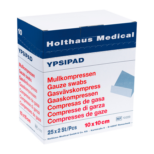 Eine Schachtel Holthaus Medical Holthaus YPSIPAD Mullkompresse Mulltupfer mit Produktdetails und Größenangaben in mehreren Sprachen, darunter Deutsch und Englisch. Die Schachtel ist weiß.