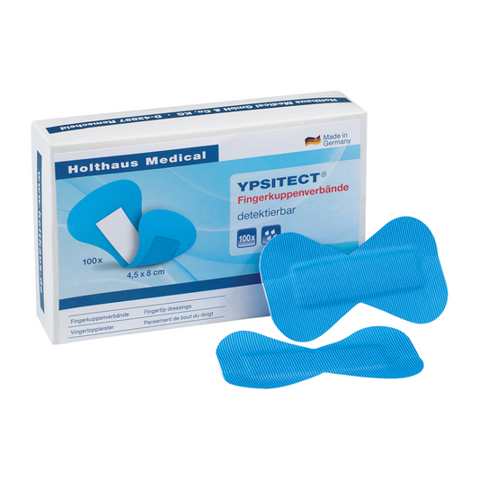 Eine Schachtel Holthaus Medical Holthaus YPSITECT® Fingerkuppenverband in blau, mit einem Verband vor der Schachtel. Auf der Verpackung ist angegeben, dass es 100 Stück sind, mit den Maßen