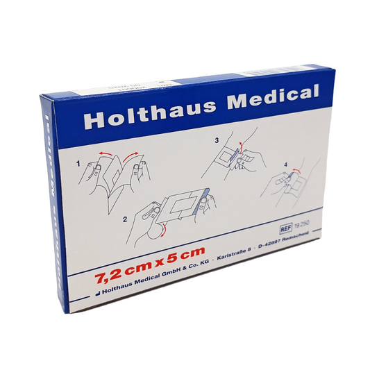 Eine Schachtel Holthaus Medical Ypsiderm® plus Wundverband 7,2 x 5 cm, mit den Maßen 7,2 cm x 5 cm auf dem Etikett und einer bebilderten Anwendungsanleitung.