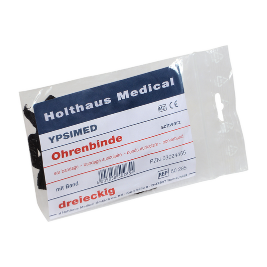 Eine Holthaus Medical Ypsimed Ohrenbinde in dreieckiger Form in der Verpackung, mit mehrsprachigen Produktinformationen auf dem Etikett.