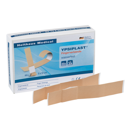 Schachtel Holthaus Ypsiplast® Fingerverband, wasserabweisend, neben einem Beispiel eines offenen Verbands. Die Verpackung hebt die wasserabweisende Eigenschaft des Produkts hervor und enthält
Holthaus Medical.