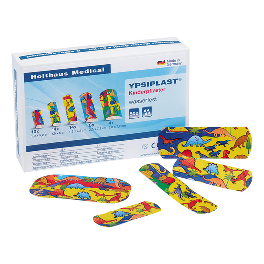 Eine Schachtel mit Pflastern der Marke Holthaus Medical namens Ypsiplast Kinderpflaster enthält wasserfeste Kinderpflaster-Heftstreifen mit buntem Dinosauriermuster in verschiedenen Größen, abgebildet auf weißem Hintergrund.