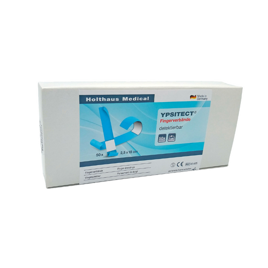 Eine Schachtel Holthaus Medical Ypsitect® Fingerverband mit 50 Stück, abgebildet auf weißem Hintergrund. Die Verpackung ist in den Farben Blau und Weiß gehalten und enthält Produktinformationen in deutscher Sprache.