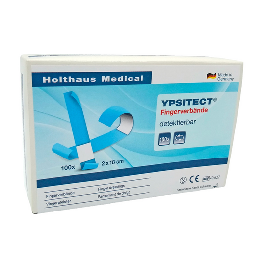 Eine Schachtel Holthaus Medical Ypsitect® Fingerverband mit 100 sterilen Pflastern. Die Verpackung ist blau und weiß, was bedeutet, dass sie erkennbar ist und in Deutschland hergestellt wird.