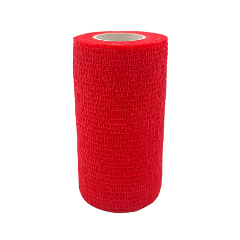 Eine Rolle roter, selbstklebender Holthaus VliVet® Klauenbandage mit gewebter Struktur, abgebildet auf weißem Hintergrund.