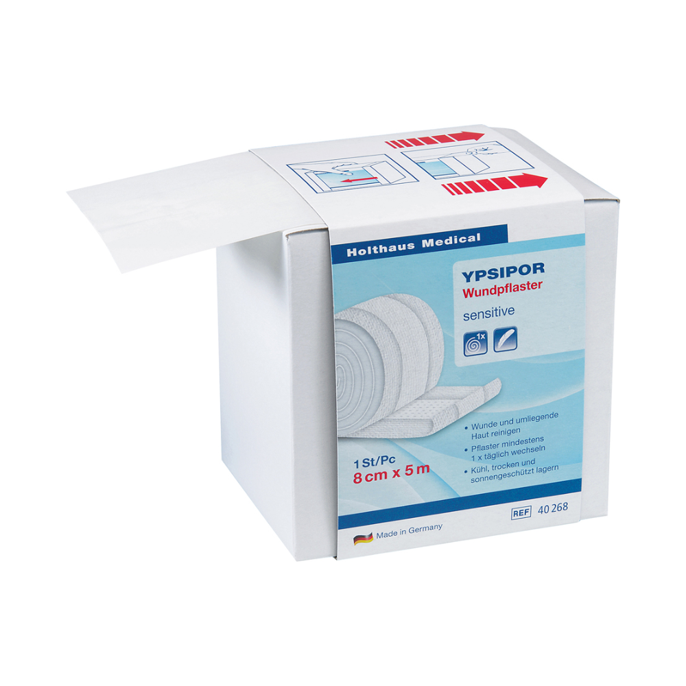 Eine Schachtel Holthaus Medical Ypsipor Wundpflaster, Vlies, mit den angegebenen Abmessungen 8 cm x 5 m. Die Verpackung enthält Anwendungshinweise und ist als Hypoall gekennzeichnet.