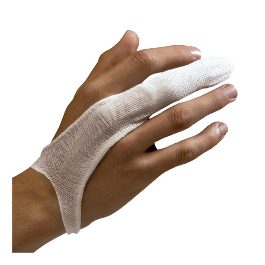 Eine Person trägt an einer Hand einen weißen Holthaus elastische Fingerlinge-Handschuh, abgebildet vor einem schlichten weißen Hintergrund. Der Handschuh scheint dünn und eng anliegend zu sein und bedeckt die Haut vom Handgelenk bis zum Handgelenk.