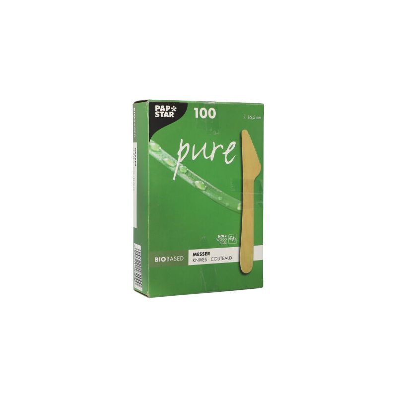 The image shows a green box with PAPSTAR "pure" wooden knives, emphasizing their chemical-free properties. The box contains 100 eco-friendly wooden knives, each 16.5 cm long. The packaging features an illustrated knife and eco-friendly branding from PAPSTAR GmbH.