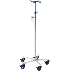 The Novocal MRI-compatible, non-magnetic stainless steel IV pole (tube diameter 25/18 mm) features four hooks, an adjustable rod, five casters, and a small transparent container for flexible mobility.