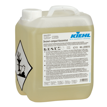 Ein 5-Liter-Kunststoffgebinde Kiehl Desinet-compact Konzentrat (aldehydfrei) der Johannes Kiehl KG mit Anleitung, Warnhinweisen und einem Gefahrensymbol für Umweltgefahren auf dem Etikett.