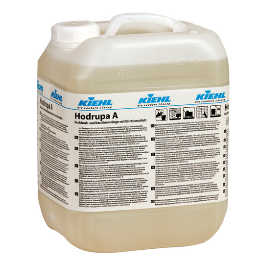 Der Kiehl Hodrupa A Hochdruck- und Maschinenreiniger mit Korrosionsschutz der Johannes Kiehl KG befindet sich in einem transluzenten Kunststoffbehälter mit weißem Deckel und ist für den Einsatz in Hochdruckreinigungsanlagen geeignet. Das mehrsprachige Etikett informiert über Anwendung und Eigenschaften.