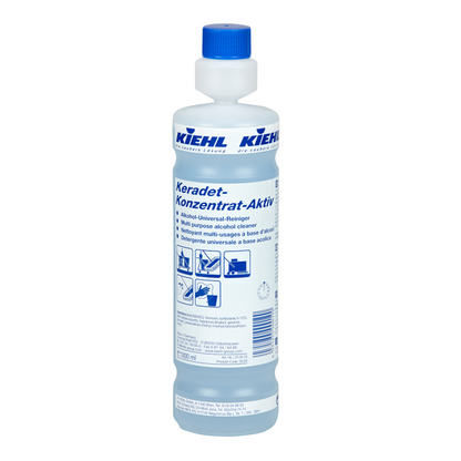 Eine 1-Liter-Flasche Johannes Kiehl KG Kiehl Keradet-Konzentrat-Aktiv Alkohol-Universal-Reiniger zur streifenfreien Reinigung, mit blauem Verschluss und mehrsprachigem Etikett mit Produktinfos und Anwendungshinweisen.