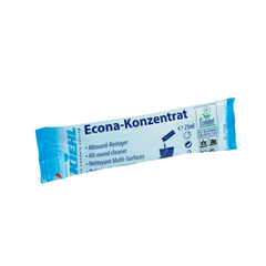 A blue-and-white 25-ml package of "Kiehl Econa Concentrated All-Purpose Cleaner" by Johannes Kiehl KG, featuring multilingual text, cleaning symbols, and the EU Ecolabel.