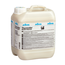 5-Liter-Kunststoffbehälter der Johannes Kiehl KG Thermodur Universal-Dispersion mit weißem Verschluss und blauem Branding für die Bodenpflege im Innen- und Außenbereich. Verkauft in einem Karton mit 2 Flaschen. Etikett mit Produktinformation und Anleitung.