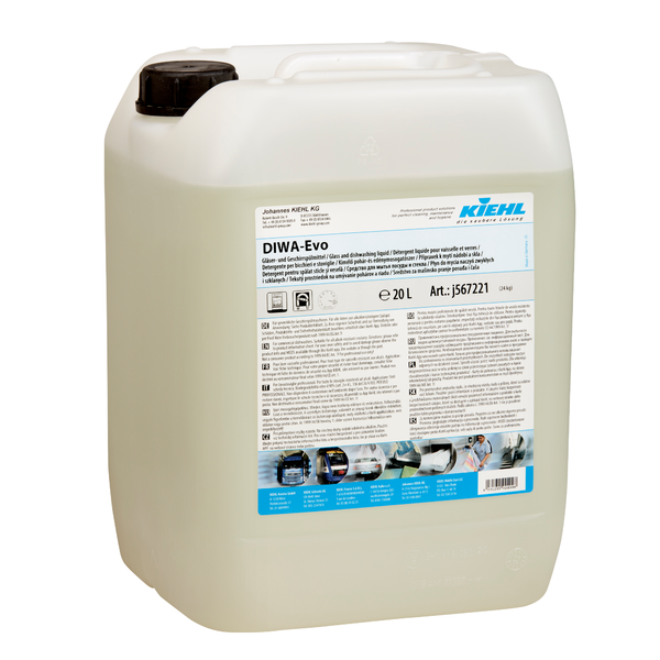 A 20-liter container made of transparent plastic with a black screw cap, labeled "Kiehl DIWA-Evo glass and dishwashing detergent" from Johannes Kiehl KG. The blue-white-black label contains instructions and hazard symbols.