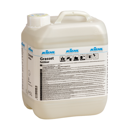 Ein 5-Liter-Kunststoffbehälter von Kiehl Grasset Fettlöser der Johannes Kiehl KG, ein kraftvoller Küchenfettlöser mit weißem Deckel und ausführlicher Anleitung und Symbolen auf dem Frontetikett.