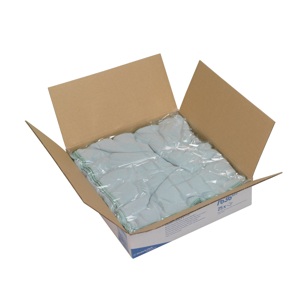 Eine geöffnete Schachtel Kimberly-Clark GmbH Kimtech® Mikrofaser-Poliertücher (39,00 x 39,00 cm) zeigt sauber gefaltete, hellblaue Tücher - ideal für die streifenfreie Reinigung in der Autopflege, mit geöffneten Klappen und gut sichtbarem Inhalt.