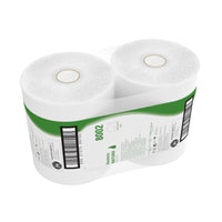 One box contains six jumbo rolls of Hostess™ NATURA toilet paper (525 m each, white) from Kimberly-Clark GmbH, each individually wrapped in plastic and labeled with a green-and-white label featuring product information and a barcode.