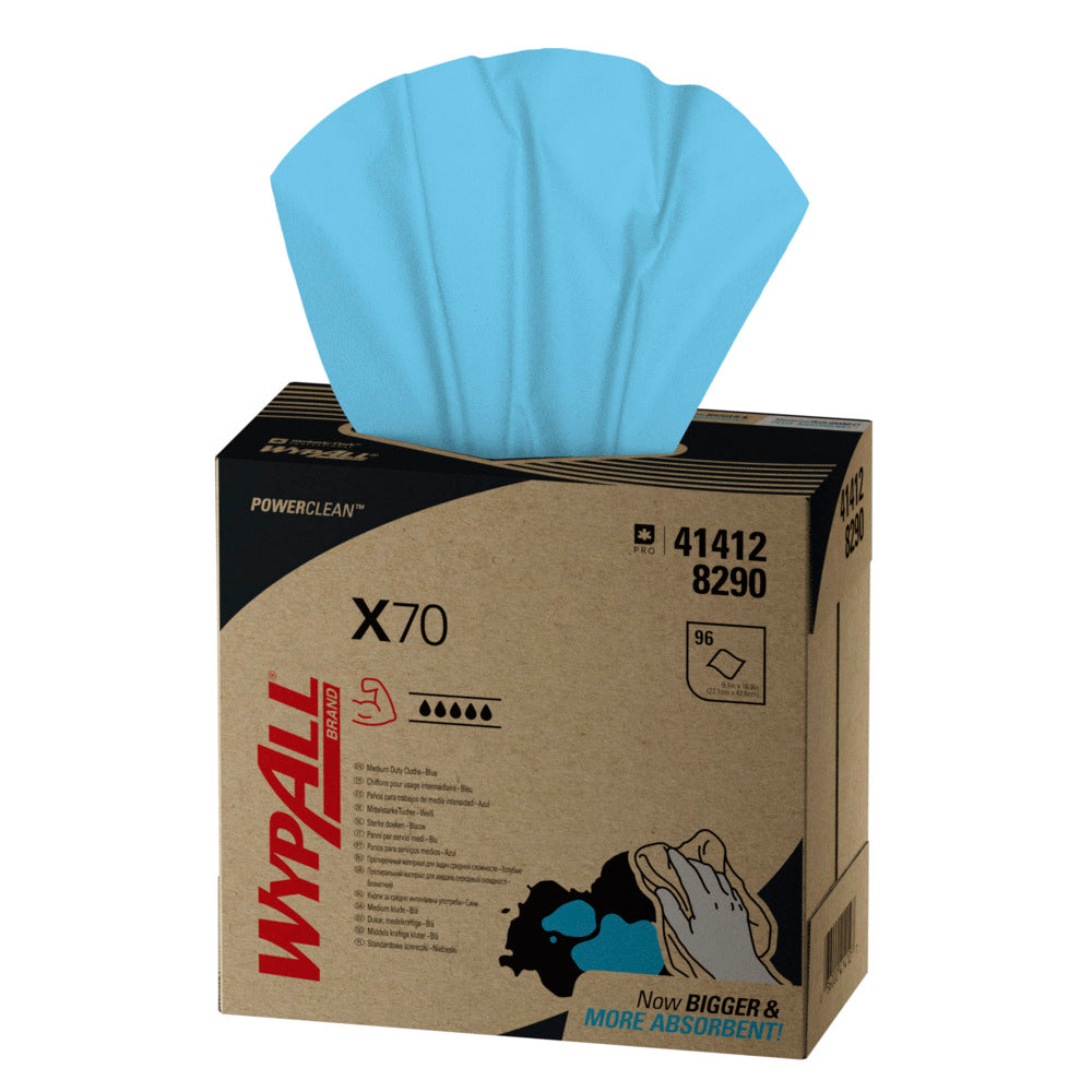 Ein Karton mit 10 Schachteln WypAll® X70 PowerClean Zupfbox, blau, je 100 Blatt, von Kimberly-Clark GmbH. Der Karton zeigt Branding und Details - perfekt für professionelle Reinigungsanforderungen.