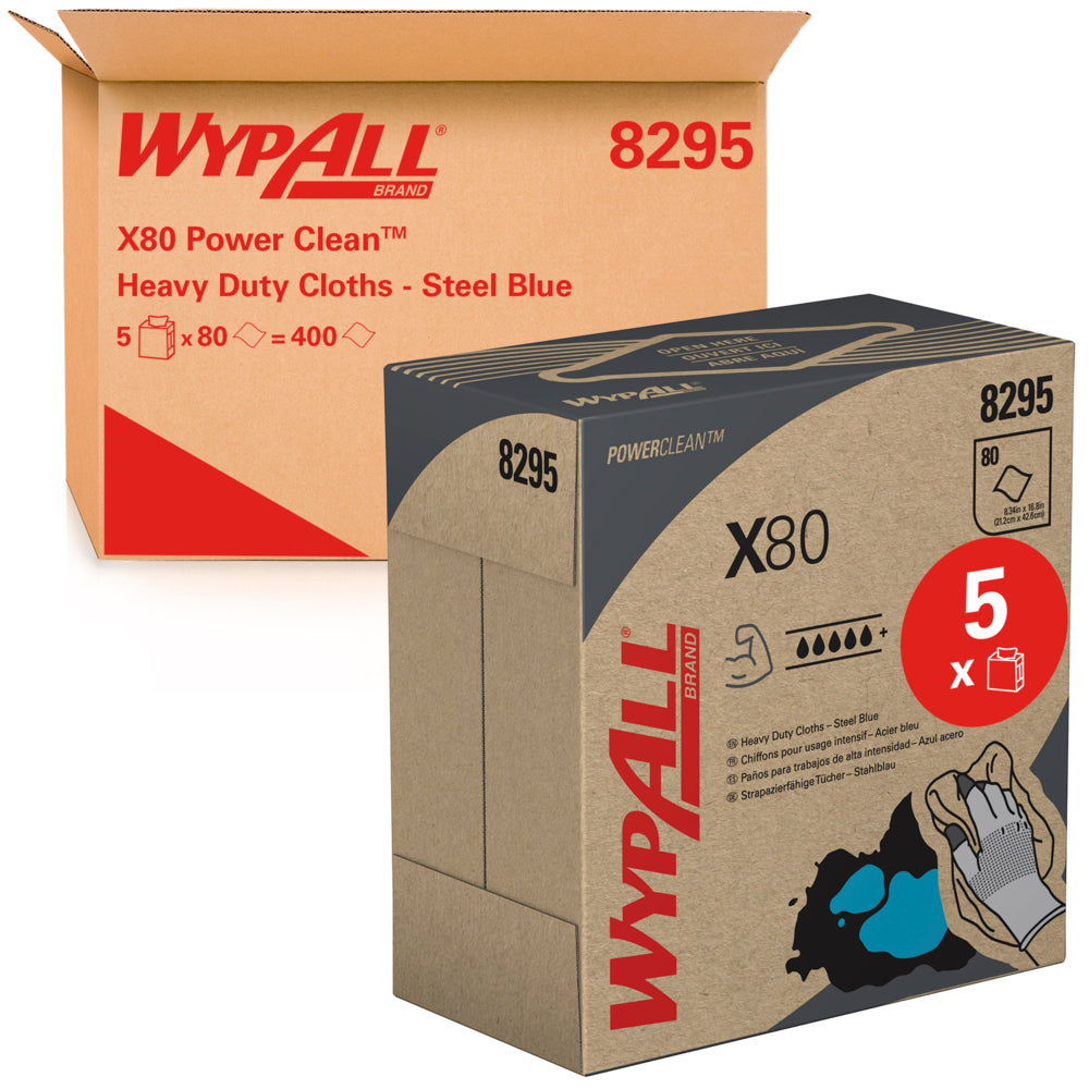 Eine braune Schachtel mit der Aufschrift "WypAll® X80 PowerClean - Zupfbox / Stahlblau" von Kimberly-Clark GmbH steht hinter einer kleineren, passenden Schachtel, die beide Produktdetails und eine Abbildung von blauen Reinigungstüchern zeigen. Enthält 5 Schachteln mit je 80 Blatt.