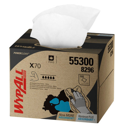 A WypAll® X70 PowerClean BRAG™ Box (white, 200 towels) from Kimberly-Clark GmbH shows a white, partially pulled-out cleaning cloth, with product information and images for industrial cleaning on the box.