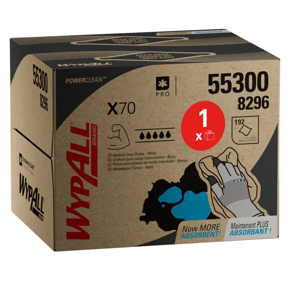 A WypAll® X70 PowerClean BRAG™ Box from Kimberly-Clark GmbH contains a box with 200 white towels. The carton features graphics with towels absorbing blue liquid and product features.