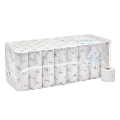 Ein 8er-Karton Kimberly-Clark GmbH Kleenex® Toilettenpapierrollen Kleinrollen (weiß), jede Packung enthält 12 kleine Rollen mit dezentem Aufdruck, 250 Blatt pro Rolle - eine weiß bedruckte Rolle ist außerhalb der Verpackung abgebildet.
