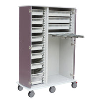 The Novocal catheter cart frame, made of a single solid plastic panel, is suitable for medical facilities. It features several plastic drawers on the left and an empty compartment with pull-out shelves on the right, mounted on four casters.