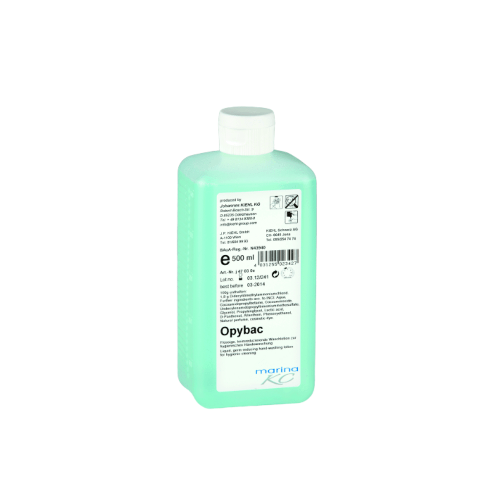 A mint green, rectangular plastic bottle with a white cap. The label reads "Kiehl Opybac Liquid germ-reducing wash lotion for hygienic hand washing" by Johannes Kiehl KG, along with barcodes and hazard symbols. White background.