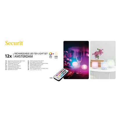 Papstar Securit® 12 LED-Teelichter inkl. Ladestation Ø 4 cm · 5 cm "Amsterdam" Leuchtdauer 12-40h