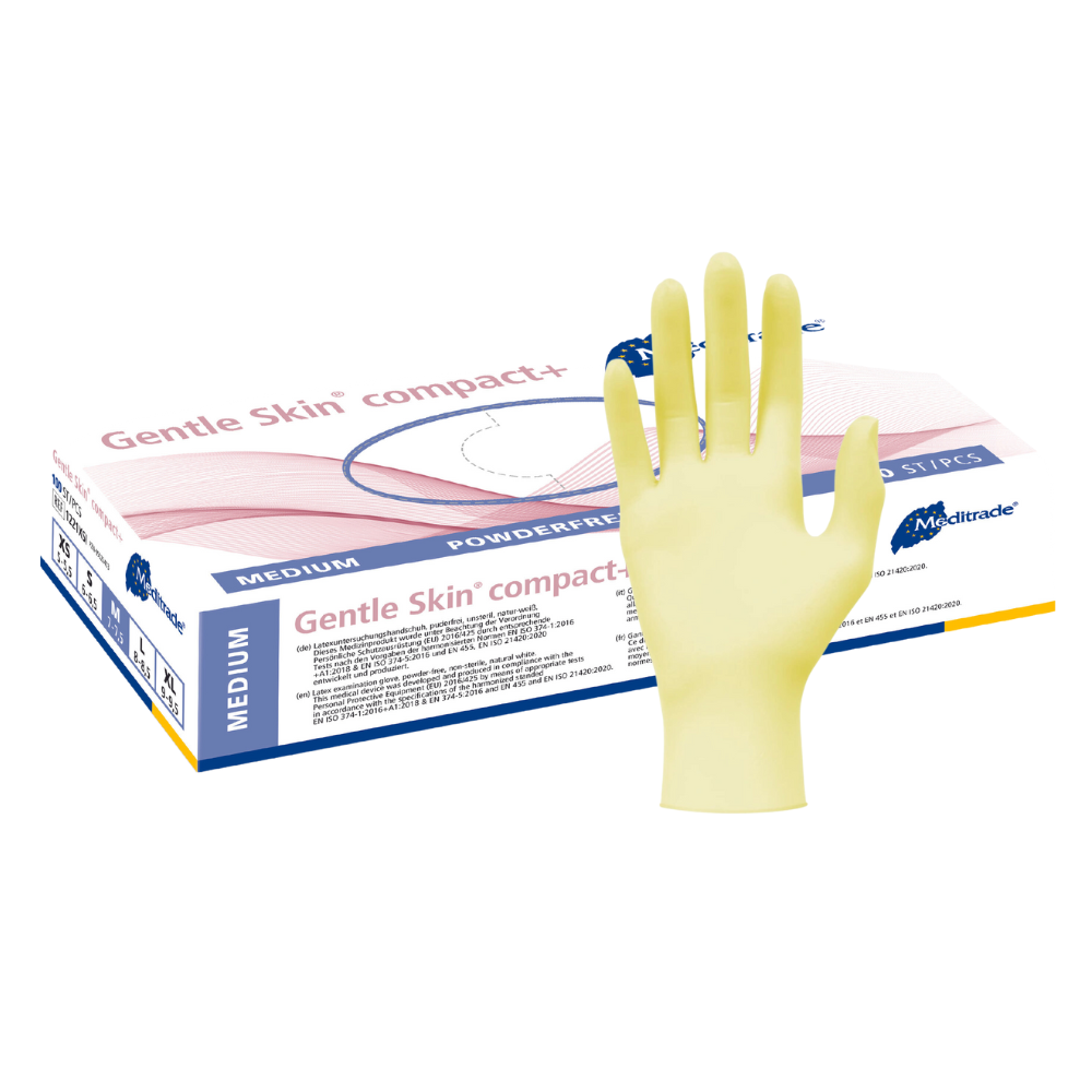 Eine Schachtel Meditrade Gentle Skin® Latexhandschuhe compact+ Einweghandschuhe, mit einem gelben Latex-Einweghandschuh auf der Vorderseite der Schachtel.