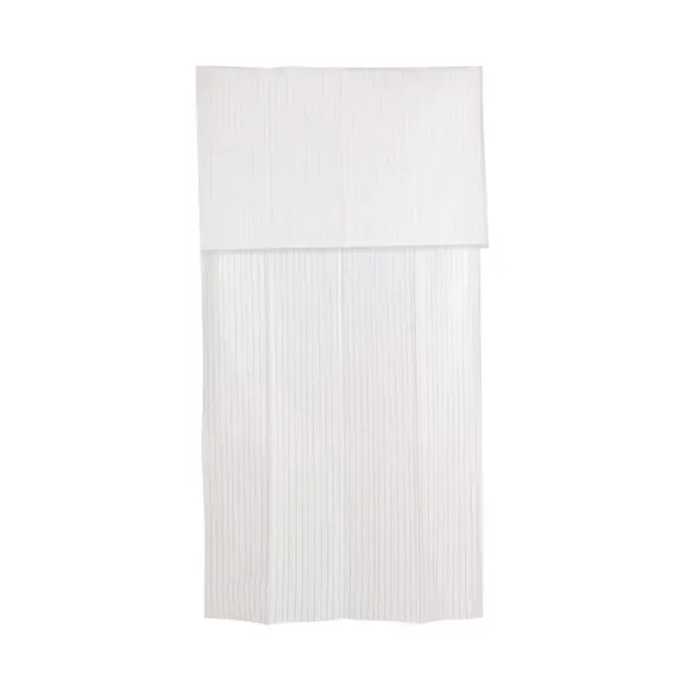 The Lifeguard patient stretcher cover with 48-fold reinforcement from Servoprax GmbH is presented hanging against a simple background. This white, pleated cover is perfect for maintaining hygiene in medical facilities. Its lightweight fabric and vertical pleats combine elegance with functionality.