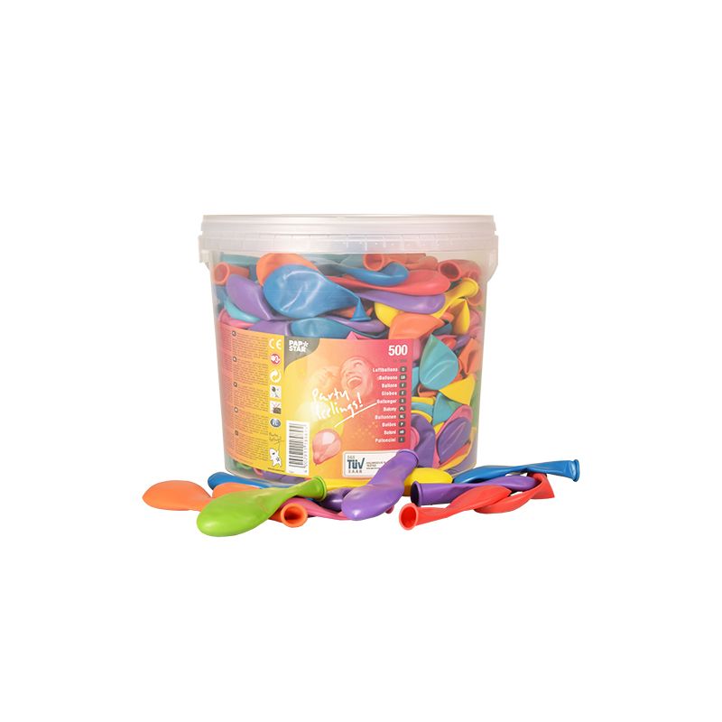 A transparent plastic container from PAPSTAR GmbH for 500 PAPSTAR balloons Ø 19 cm in various colors, ideal for birthday parties. Several deflated balloons in different colors are scattered in the front.