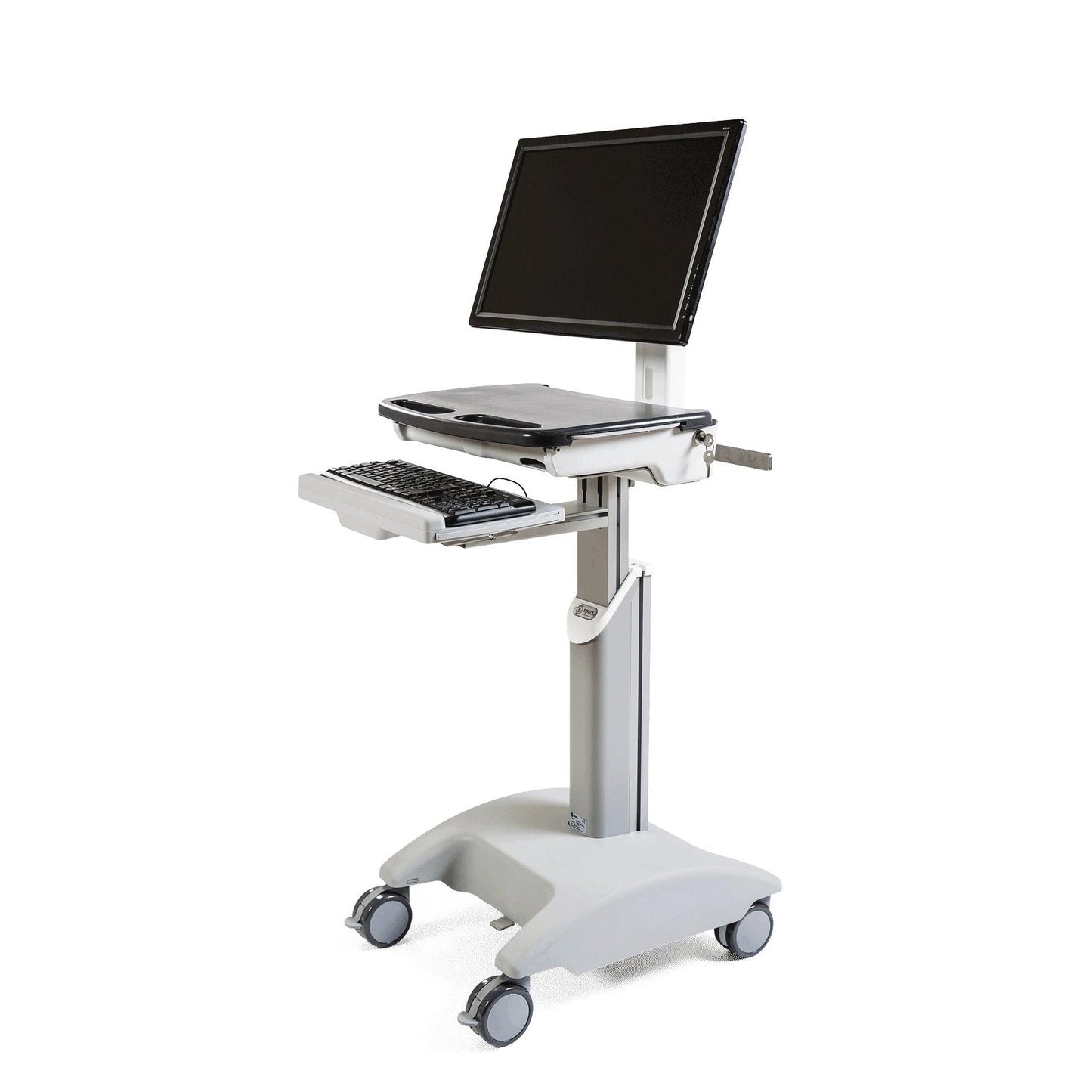 Der Novocal Mobiler Arbeitsplatz für Laptop oder Panel PC inkl. höhenverstellbarem Monitorarm und VESA (1 Stück) ist ein mobiler Arbeitsplatz auf Rollen, abgebildet mit Monitor und Tastatur, vor einem schlichten weißen Hintergrund.