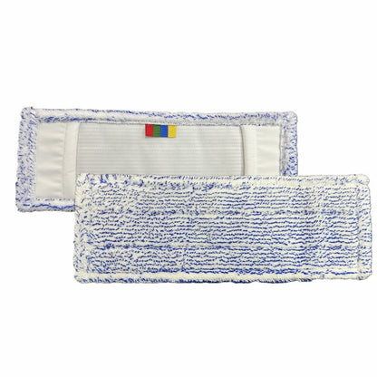 Zwei rechteckige Arcora Excellent Blue-White Fc-Mopp Pads mit blauen und weißen Fasern - eines mit strukturierter Reinigungsoberfläche, das andere mit Stoffschlaufen und Farbcodierung. Kompatibel mit den Systemen der Arcora International GmbH.