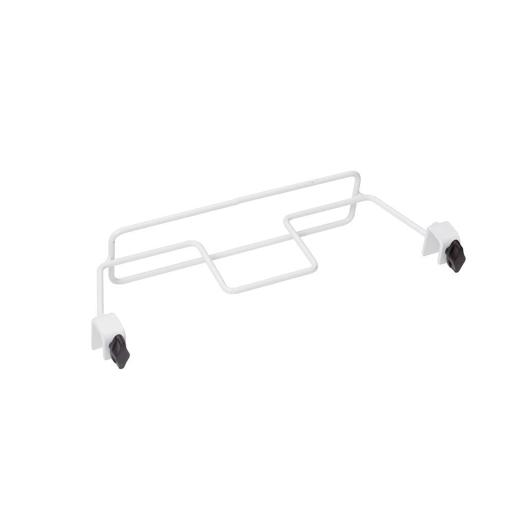The TASKI Mop Frame Holder (1 pc., White) from Diversey Deutschland GmbH & Co. OHG is a white metal wire stand with black plastic mounting clips, designed for easy attachment to a TASKI trolley and for practical use as a mop frame holder.