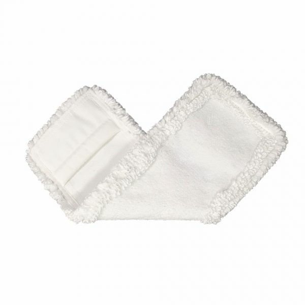 Ein weißer, rechteckiger Arcora Micro Easy Db-Fc Mopp Weiss Mit Deckblatt von Arcora International GmbH mit strukturierten Rändern und einer glatten Mitte wird flach auf einem weißen Hintergrund gezeigt.