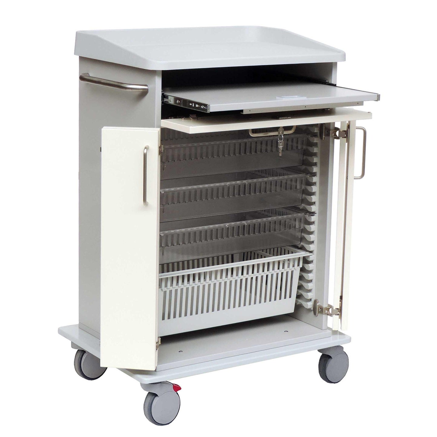 The Novocal modular trolley chassis, a white medical cart on wheels with a full plastic base plate, features a pull-out top shelf, two open doors with shelves and a basket inside, as well as a side handle for easy transport of heavy loads.
