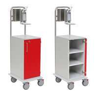 Two views of the Novocal MRSA2 cart chassis from Novocal, made with a solid plastic panel and a red front; one cart is closed, while the other shows three interior compartments. Features four wheels, a metal handle, and a disinfectant dispenser.