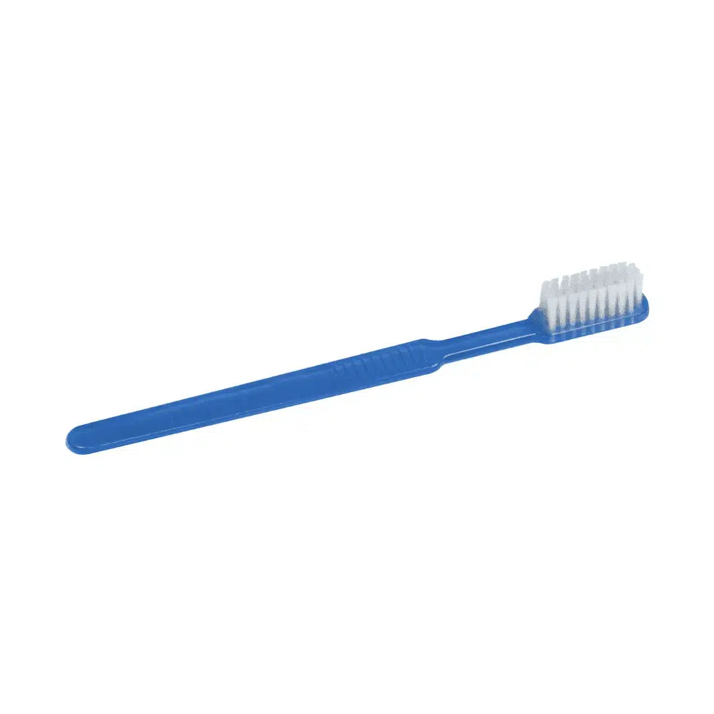 The Med Comfort Dental PS disposable toothbrush from AMPri Handelsgesellschaft mbH features a durable polystyrene construction, a blue elongated handle with a light grip structure, and a rectangular head with white bristles, making it perfect for dental care.