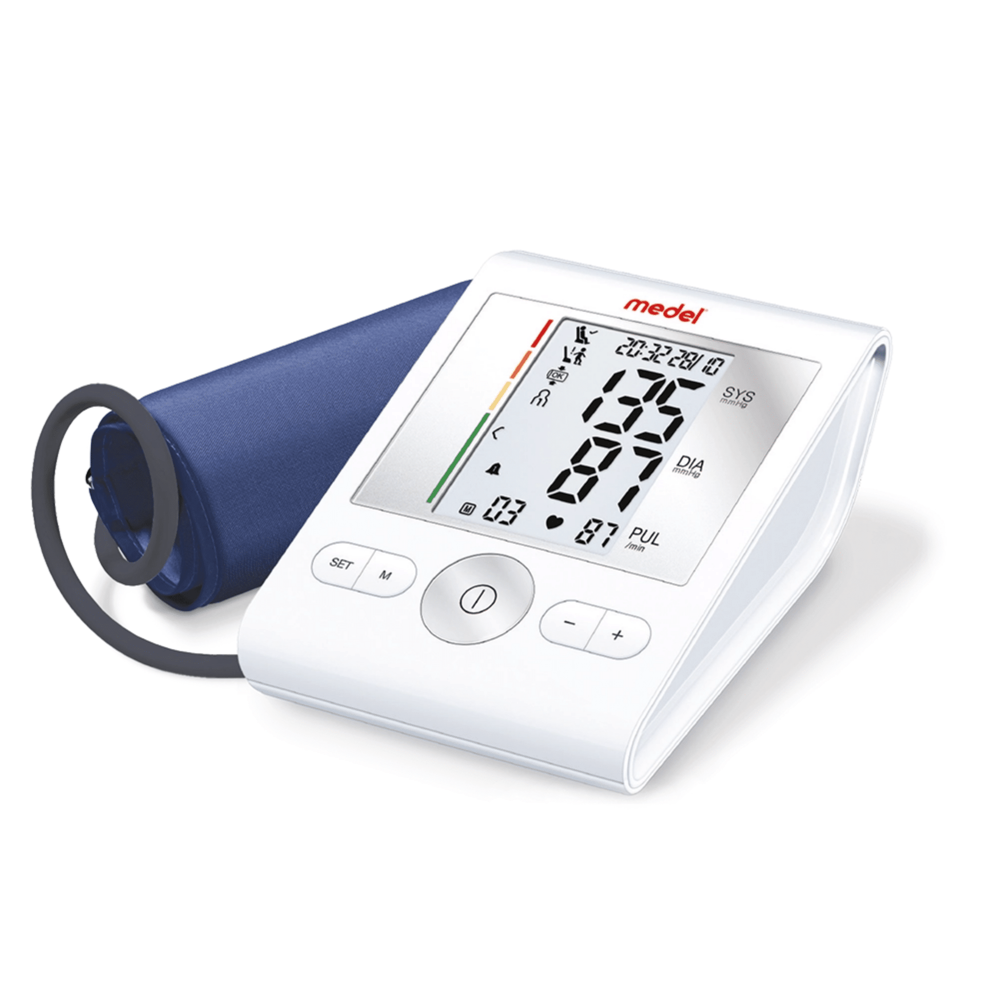 Digitales Blutdruckmessgerät mit angeschlossener blauer Manschette, das systolische, diastolische und Pulswerte auf weißem Hintergrund anzeigt. Dieses Medel Sense Blutdruckmessgerät verfügt auch über HSD von Beurer GmbH.
