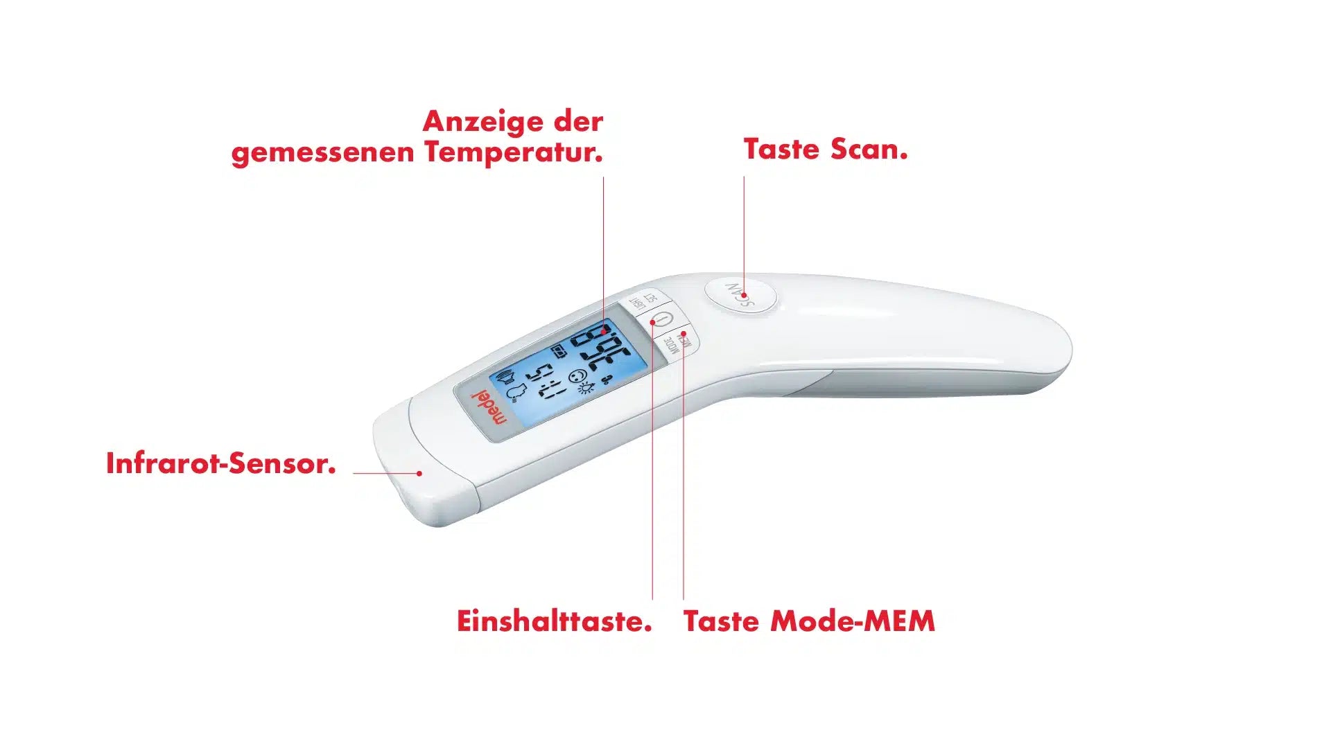Digitales kontaktloses Fieberthermometer Medel Temp mit einer Temperaturanzeige auf seinem LCD-Bildschirm, das speziell für Babys und Kleinkinder konzipiert ist und Be...