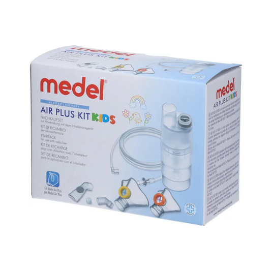Eine Medel® Air Plus Kids Yearpack-Box für Inhalatoren. Die Verpackung ist hauptsächlich weiß mit rotem und blauem Text. Sie enthält ein Inhalationsgerät und Zubehör für Kinder. Die Box enthält farbenfrohe Illustrationen von Wolken, Regenbögen und Zeichnungen von Kindern der Beurer GmbH.